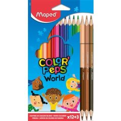   MAPED Color Peps World 12 db-os háromszögletű színes ceruza készlet + 3 db kétvégű bőrtónus ceruza 