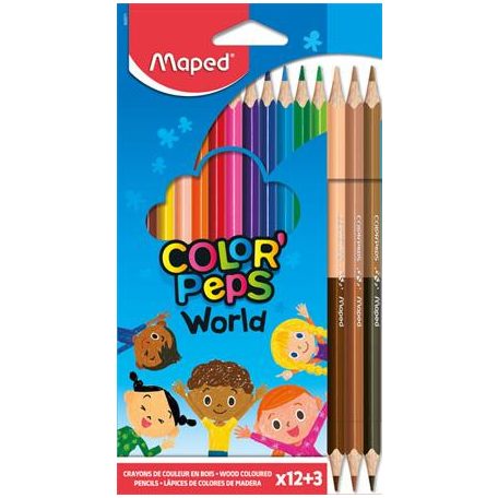 MAPED Color Peps World 12 db-os háromszögletű színes ceruza készlet + 3 db kétvégű bőrtónus ceruza 